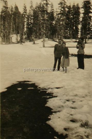 Peter Provenzano Photo Album Image_copy_174.jpg - From left to right: Leslie Tonkin and Sarah Provenzano Tonkin, Peter Provenzano with his nephew Leslie Tonkin. Mount Shasta, California - 1942.
